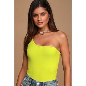 Lulus Too Legit Lime Green Ribbed One-shoulder Bodysuit - Size M